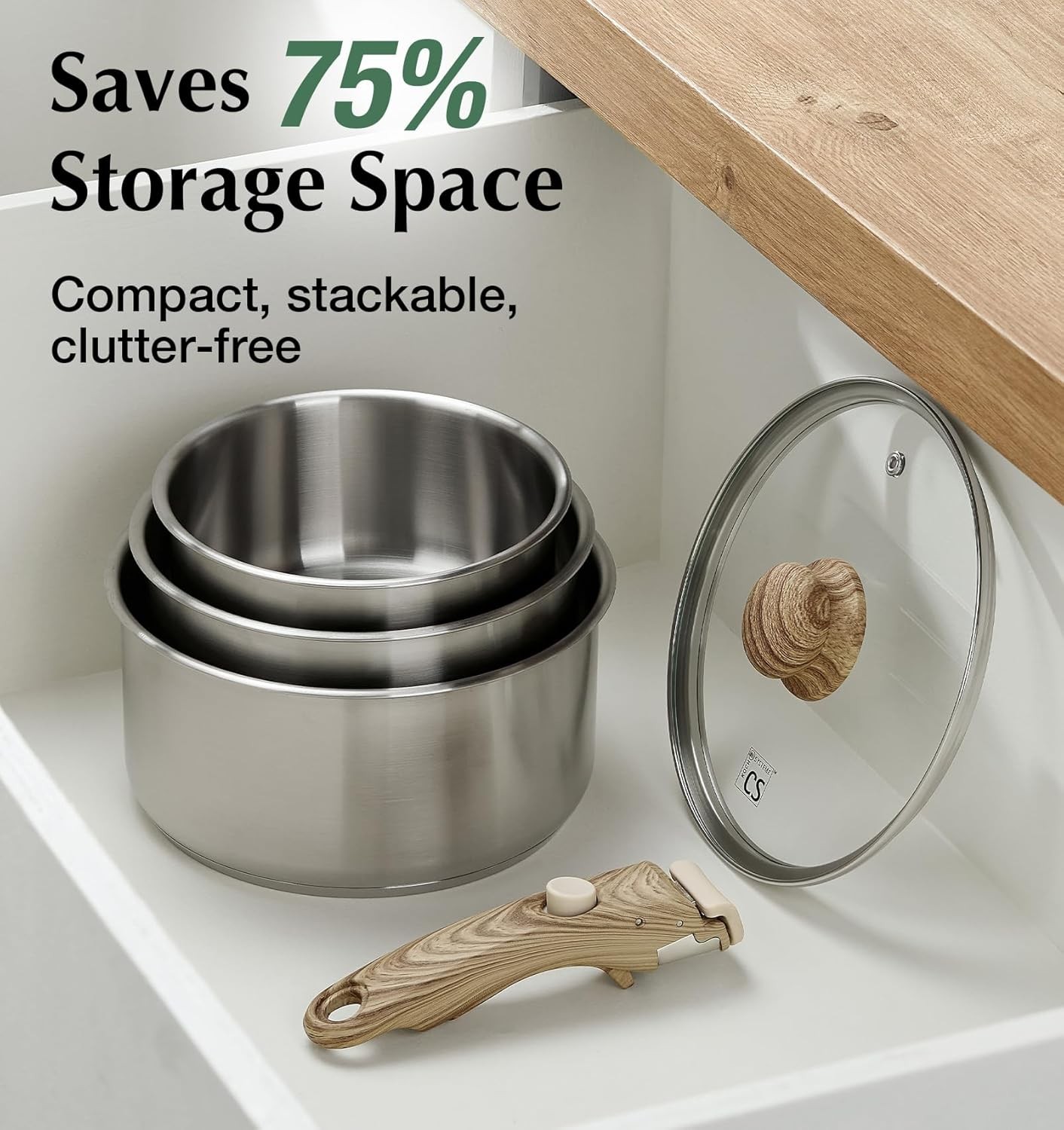18/10 Stainless Steel Saucepan Set Removable Handle, 1.5QT & 2QT & 3QT Sauce Pan
