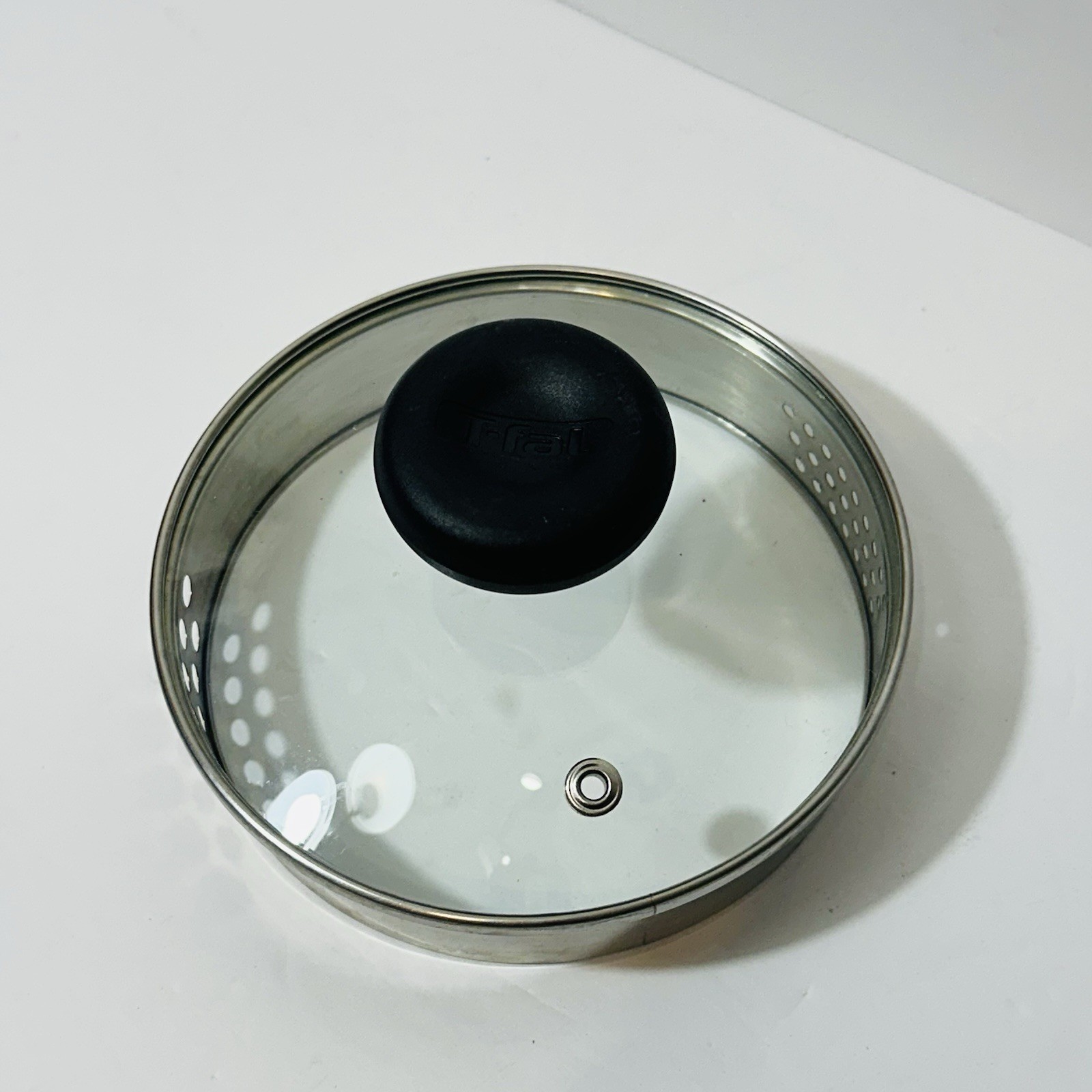 T-Fal Replacement Lid Vented Glass 5 1/4 Inch Raised Stainless Steel Black Knob