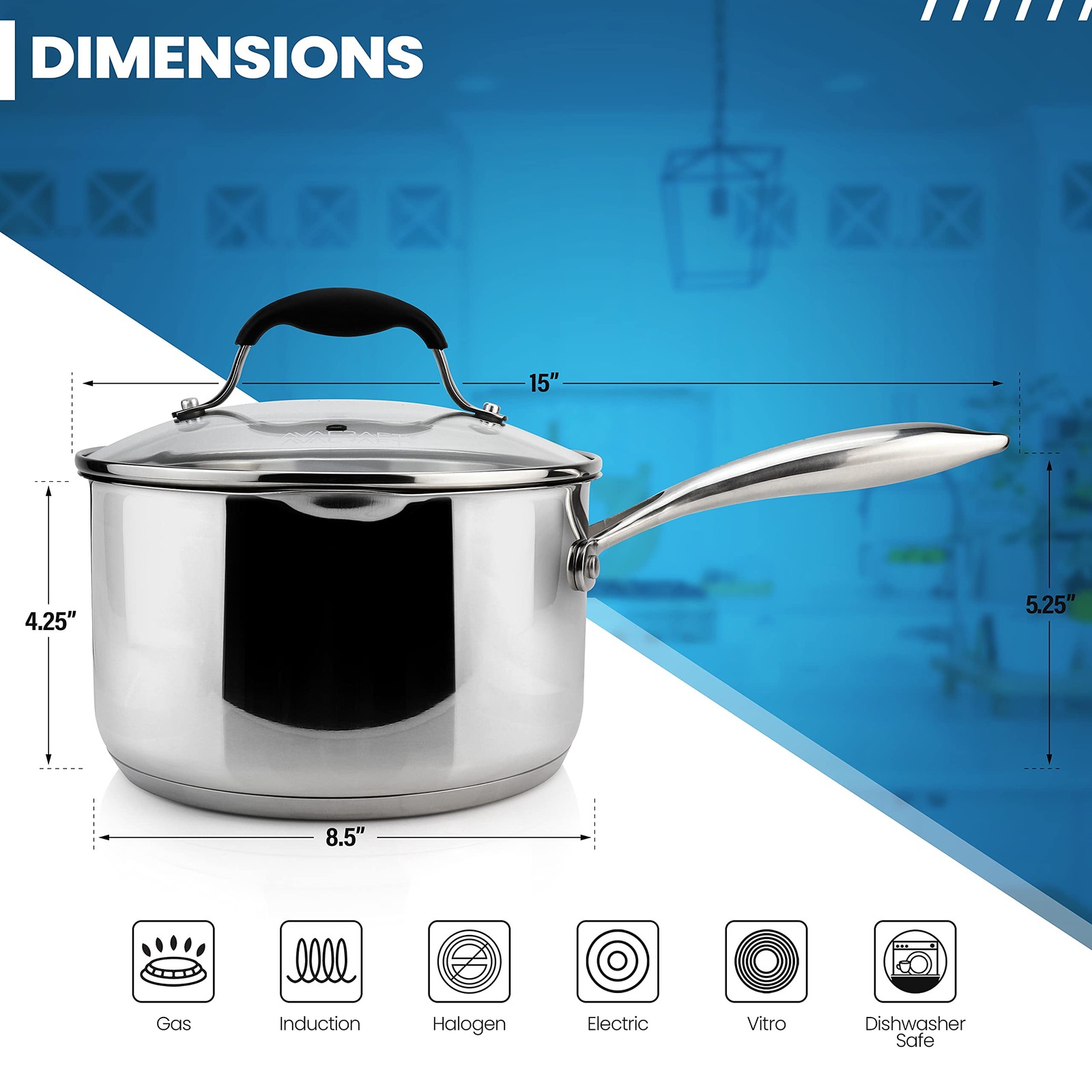 3.5 Quart Stainless Steel Saucepan with Glass Strainer Lid