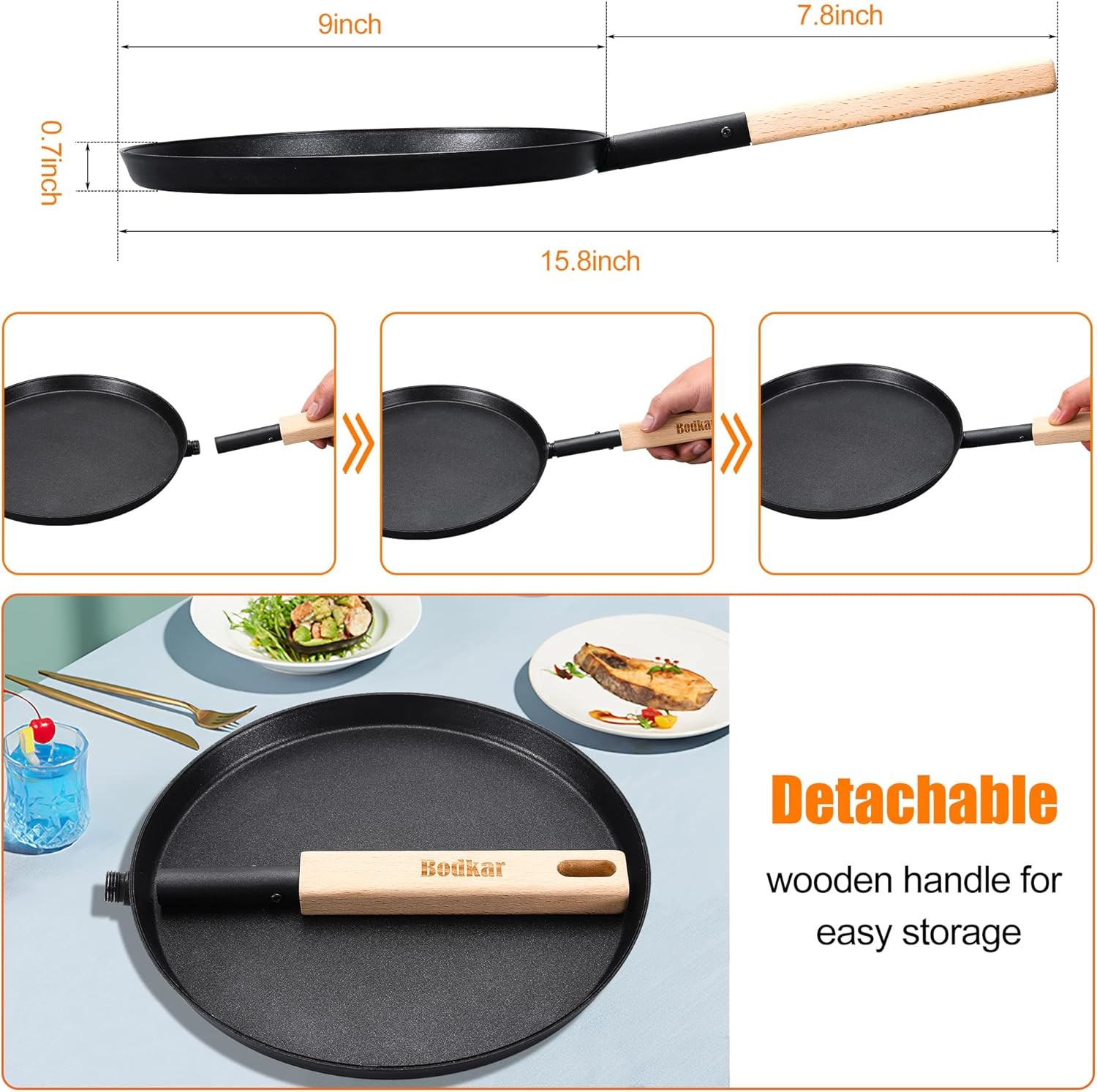 8″ Frying Pan Skillet Flat Griddle Lightweight with Wooden Handle Camping
