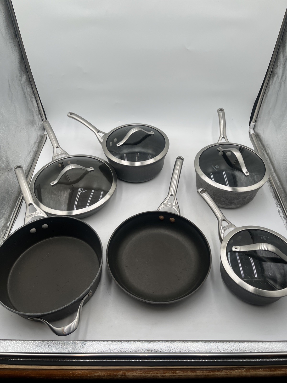 10-Piece Calphalon Hard Anodized Non-Stick Pots & Pans W/ Lids Set Used See Pics