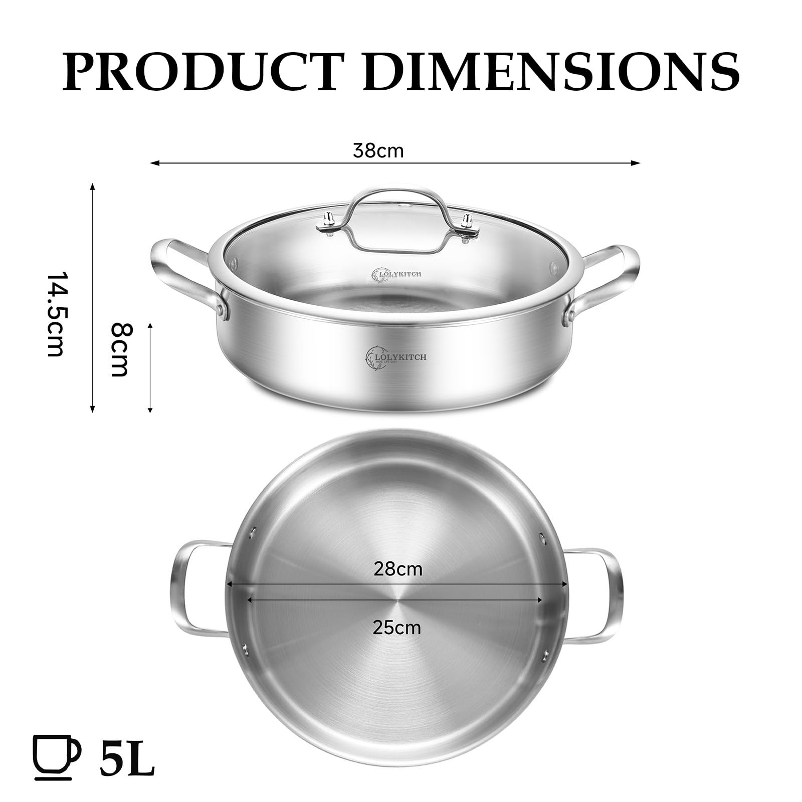 5 QT Tri-Ply Stainless Steel Sauté Pan with Lid,12 Inch Deep Frying pan,Large…