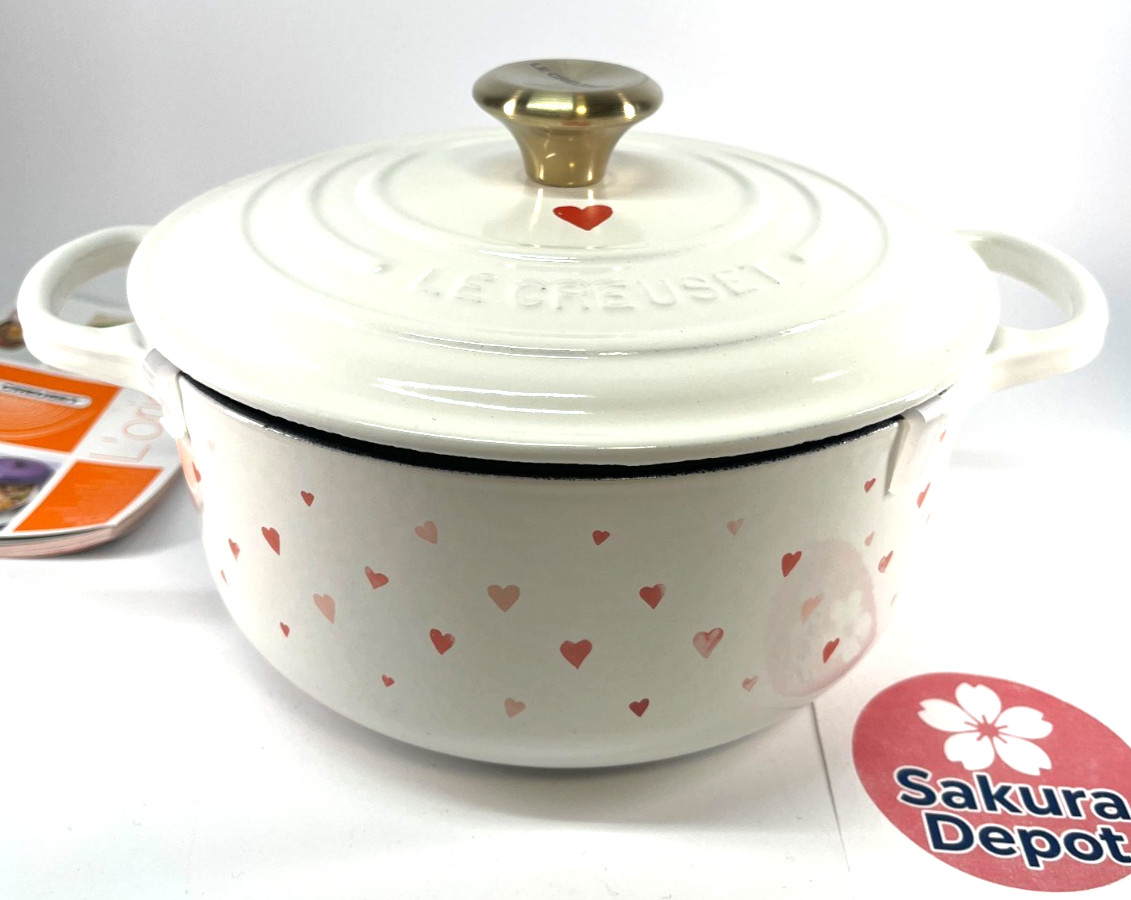 Le Creuset Signature Cocotte Ronde 20cm Heart White Cast Iron Enamel Pot JPN New