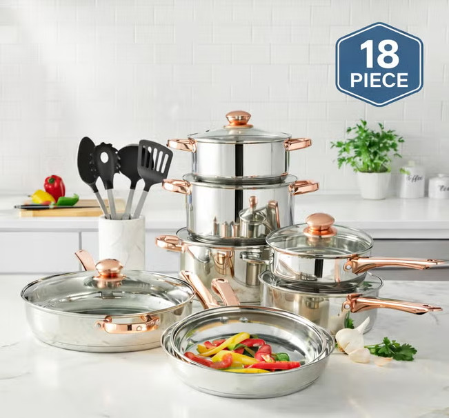 18-PC. Copper Accent Stainless Steel Cookware Set