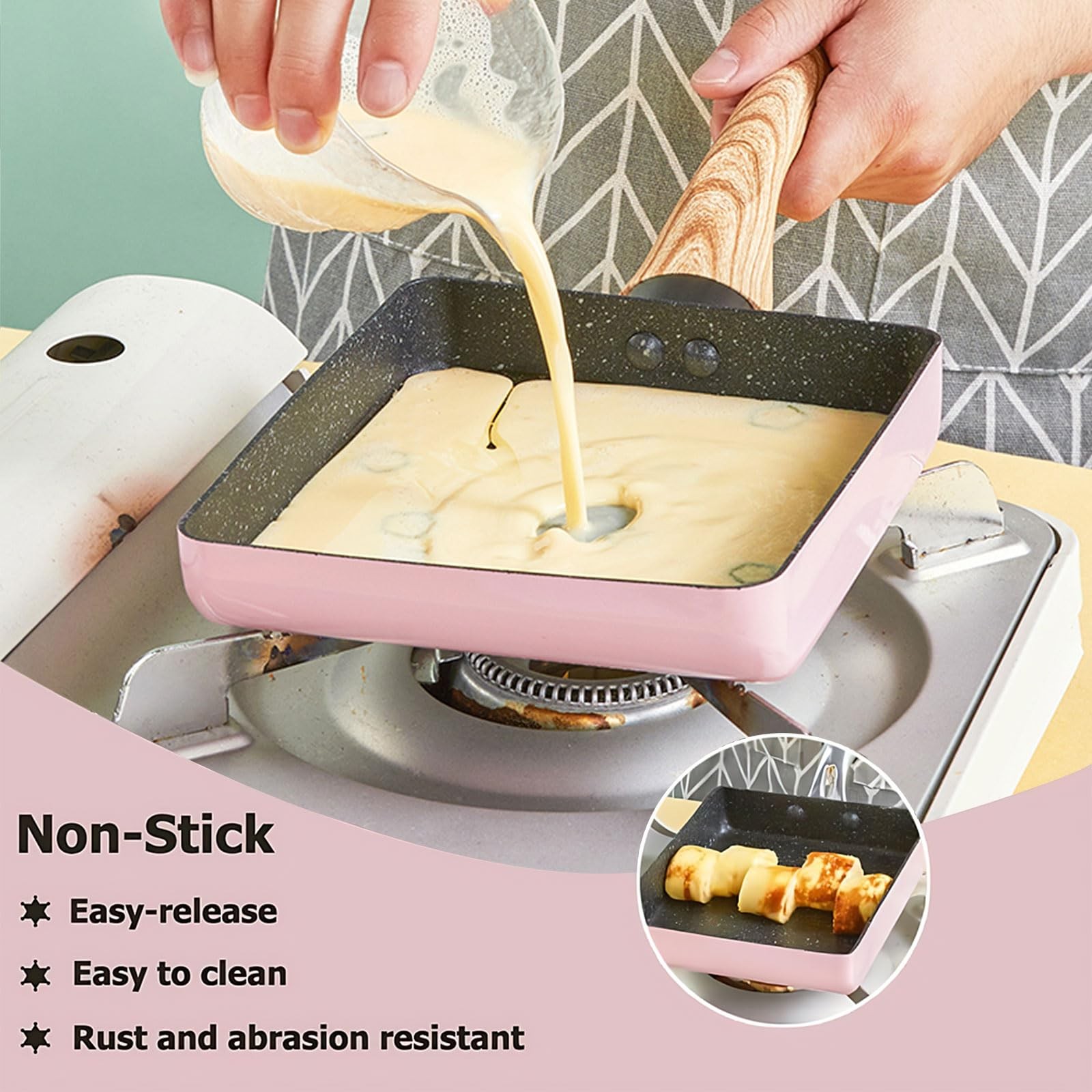 1 PCS Japanese Tamagoyaki Pan Omelette 6×7 Inch Aluminum Square Nonstick Pink