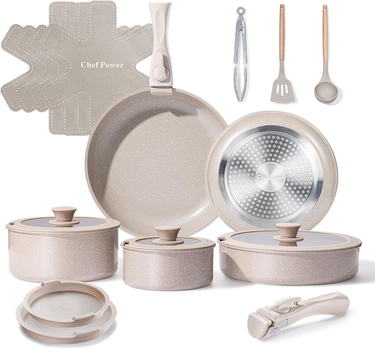 Chef Power Ceramic Nonstick Pots and Pans Set 19 Piece with Detachable Handle, I