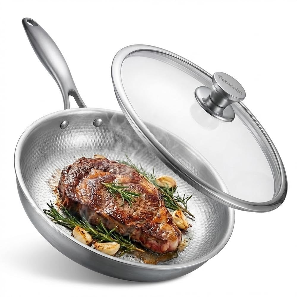 Titanium Frying Pan with Lid, 11.8″ Uncoated Hammered Skillet for Cooking, PFAS/