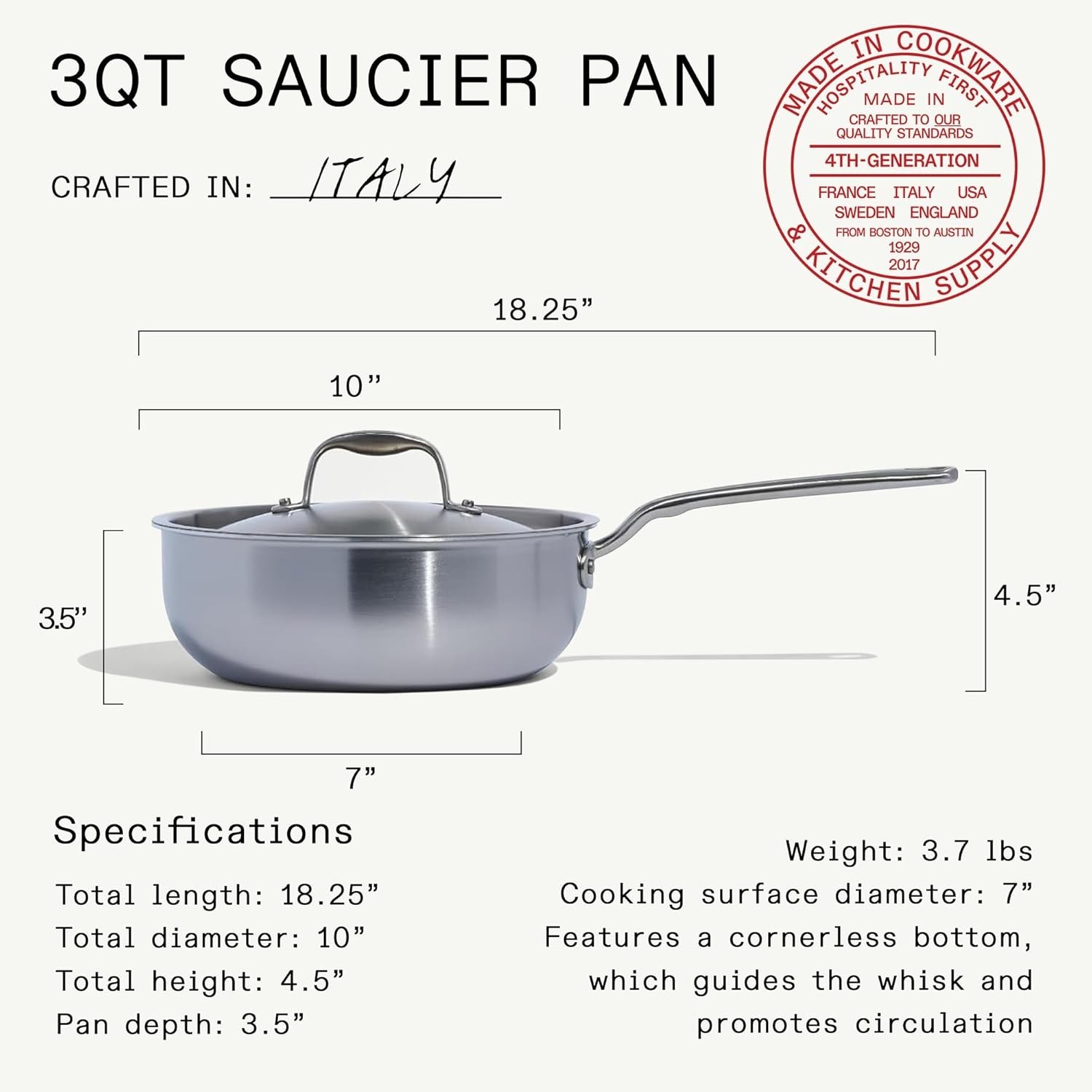 Cookware – 3 Quart Stainless Steel Saucier Pan – 5 Ply Stainless Clad – Profe…