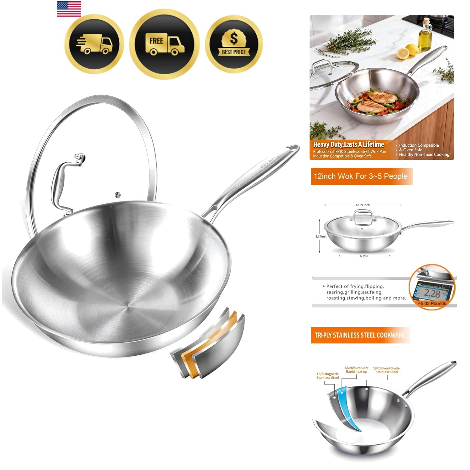 Tri-Ply Stainless Steel Woks, 12 Inch Healthy Non-Toxic Cooking Wok Pan with …