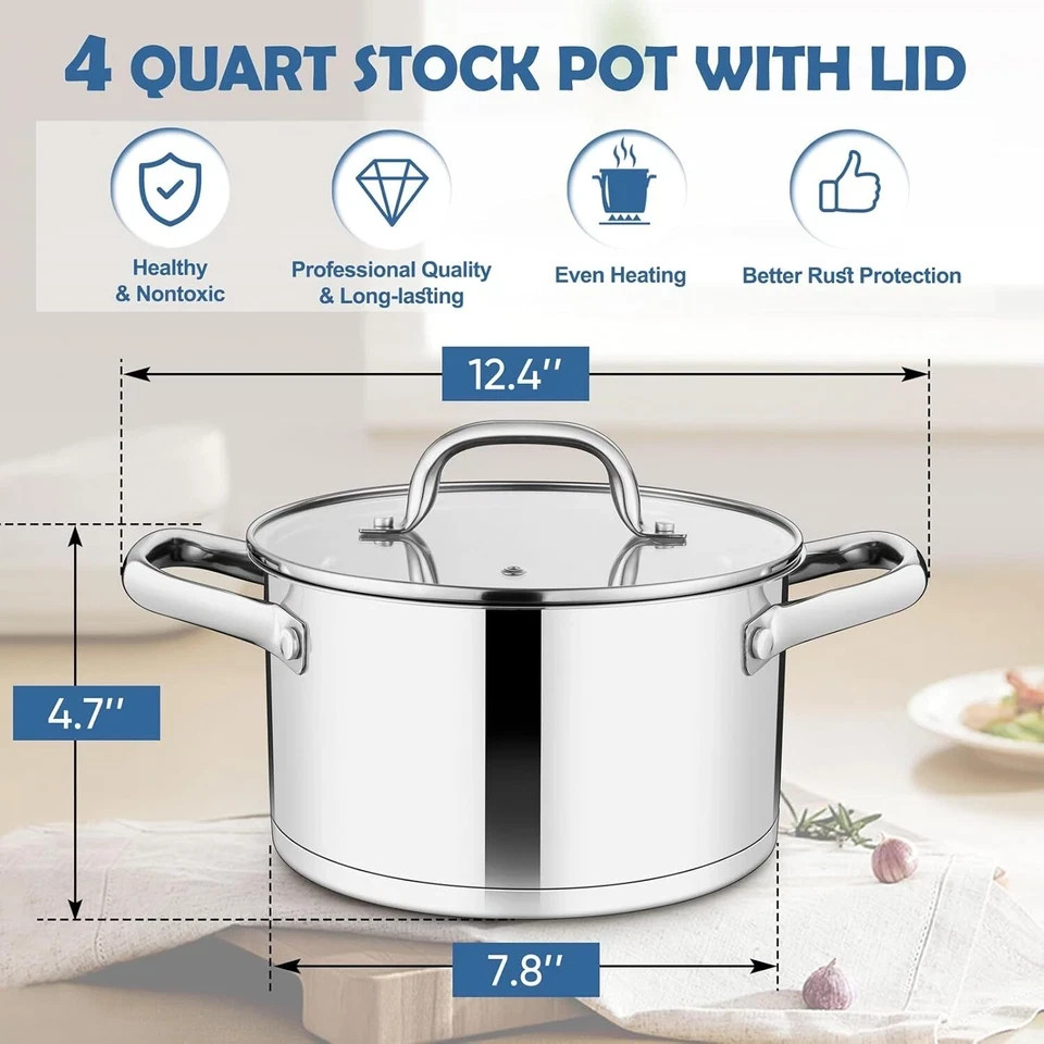 Stainless Steel Stock Pot 4-quart Tri-ply Base Stockpot Cooking Pasta with Lid