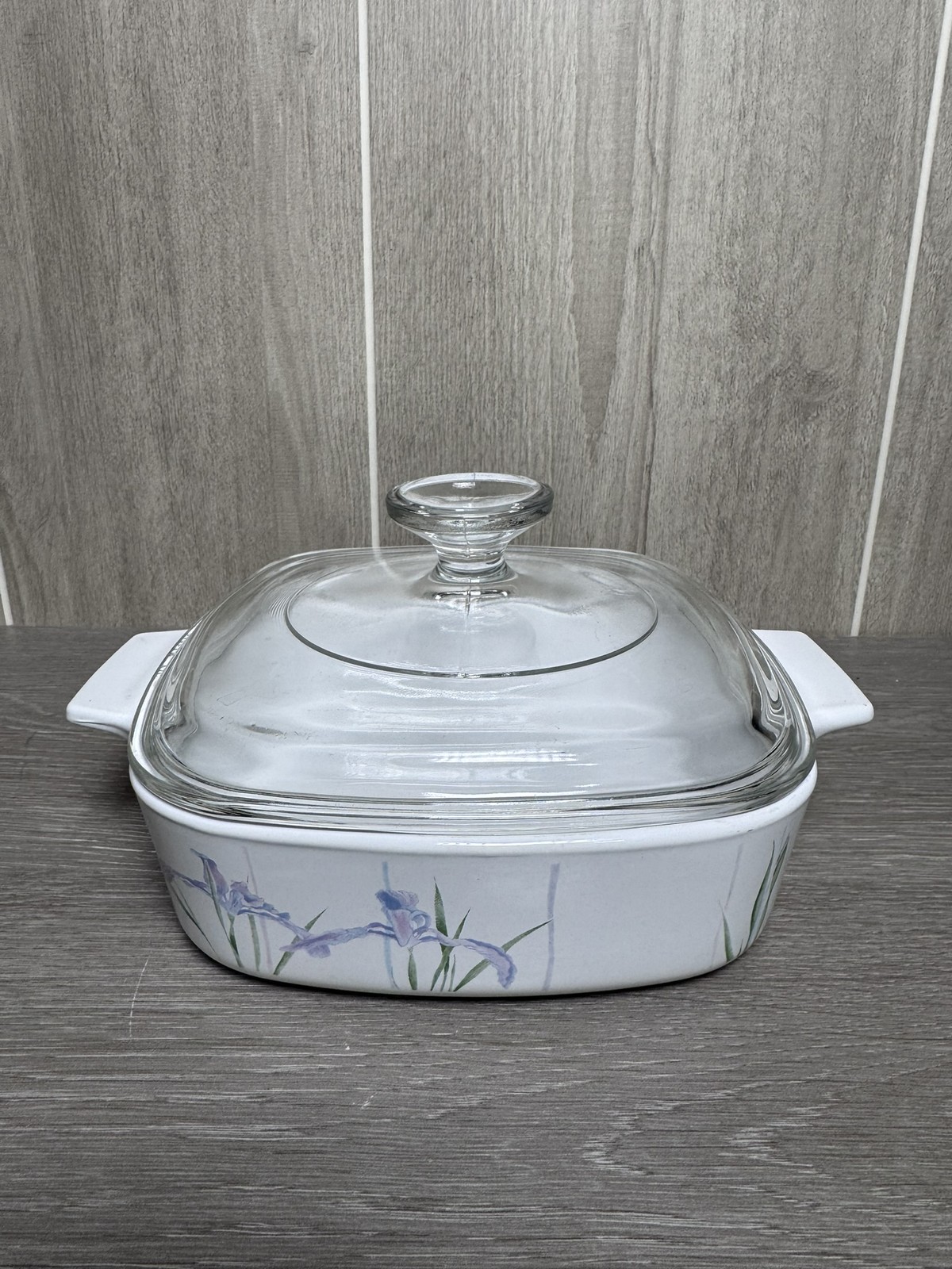 CorningWare A-1-B 1 Liter Casserole Dish with Glass Lid Purple Iris Floral