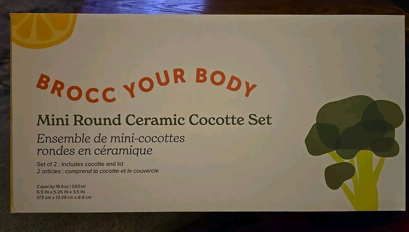 Brocc Your Body Mini Round Ceramic Cocotte Set Green and White w/Lids NEW IN BOX