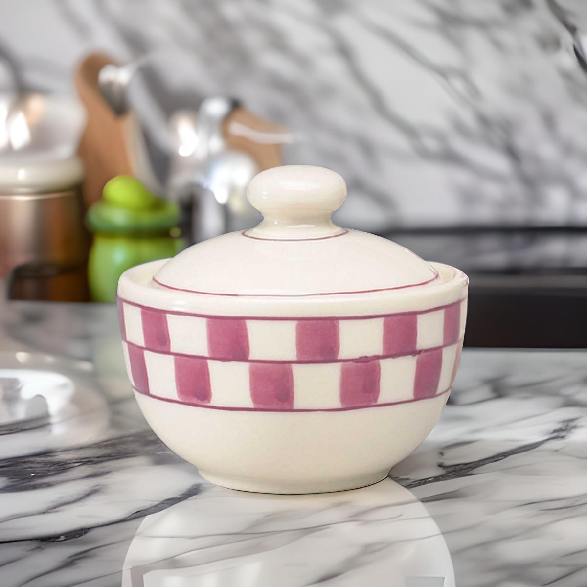 Sugar Bowl Red/White Checkmate Stoneware Handpainted | Renovator’s Supply