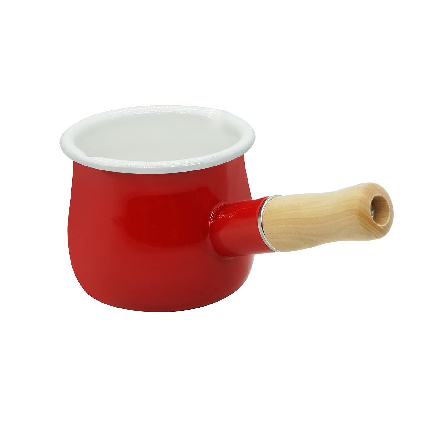 Mini Enamel Milk Pot 4 Inch 17 Oz Dual Spount With Wooden Handle Small Sauce Pan