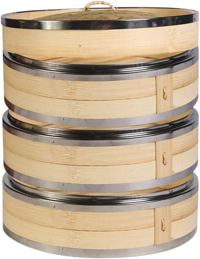 3-Tier Kitchen Bamboo Steamer with Stainless Steel Rings for Asian Cooking |