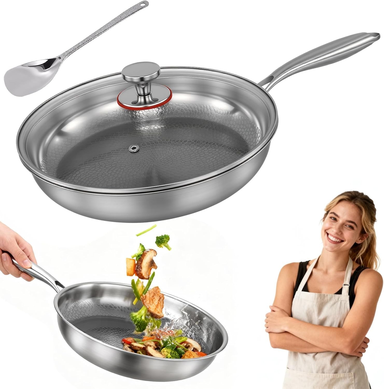 10.2In Titanium Hammered Pan Pro for Cooking, Titanium Pan with Lid