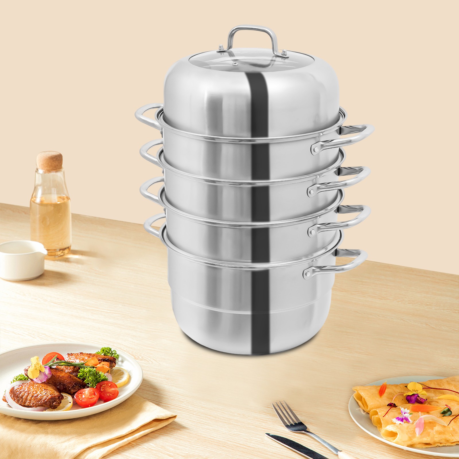 Stackable Stainless Steel Steamer Cooker Pot Glass Lid 5 Layers Large Capacity