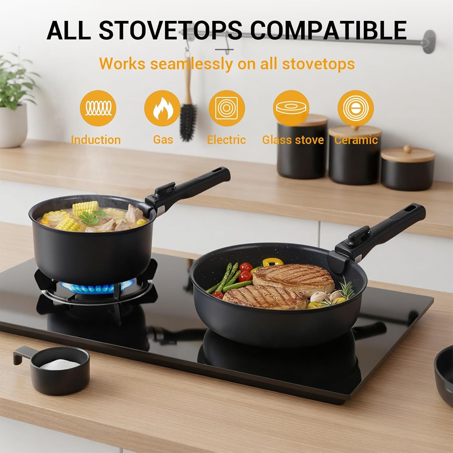 21-Piece Ceramic Pots and Pans Set Non Stick with Detachable Handles and Egg Fry