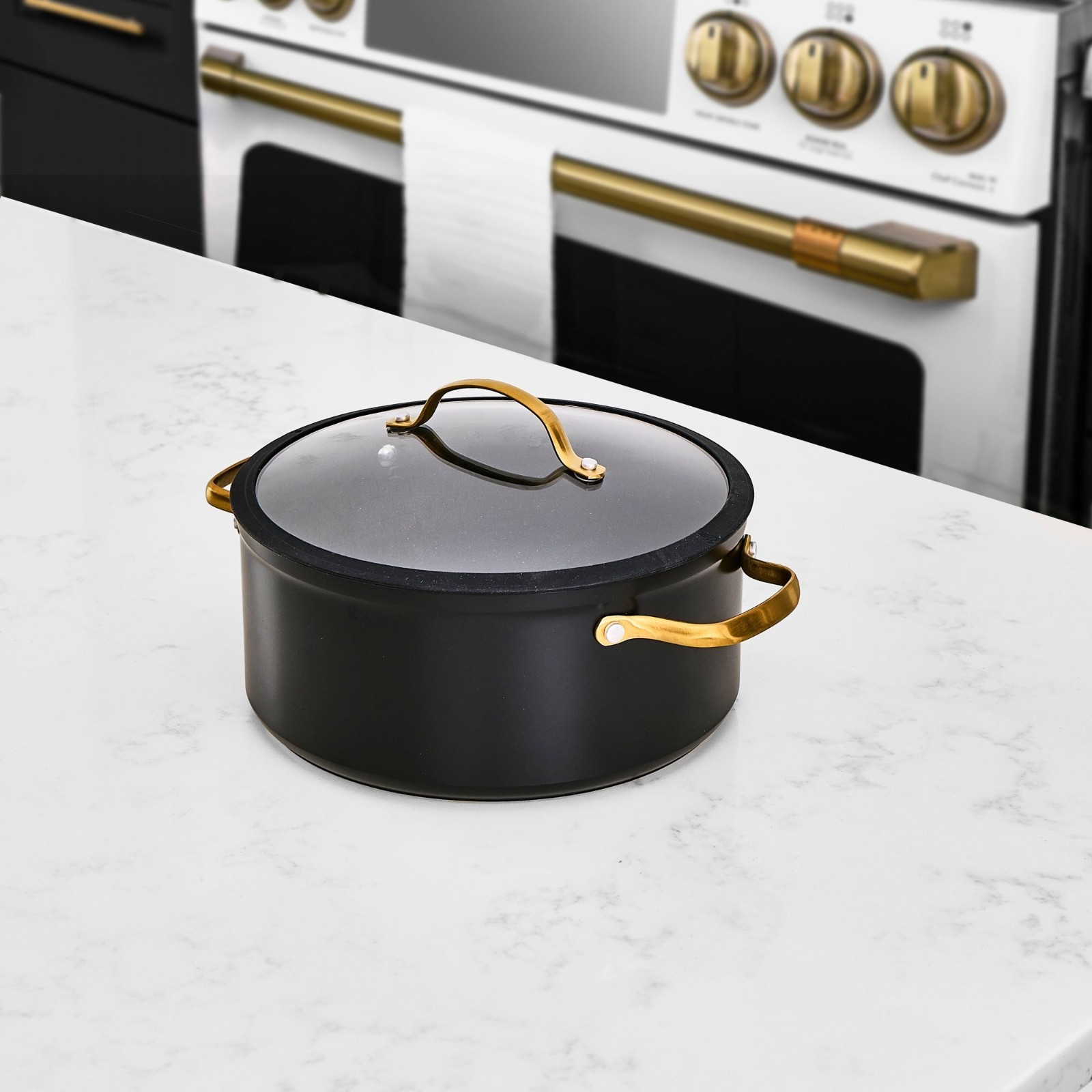 Thyme & Table 5 Qt Non-Stick Stock Pot with Glass Lid in Black & Gold, Signature