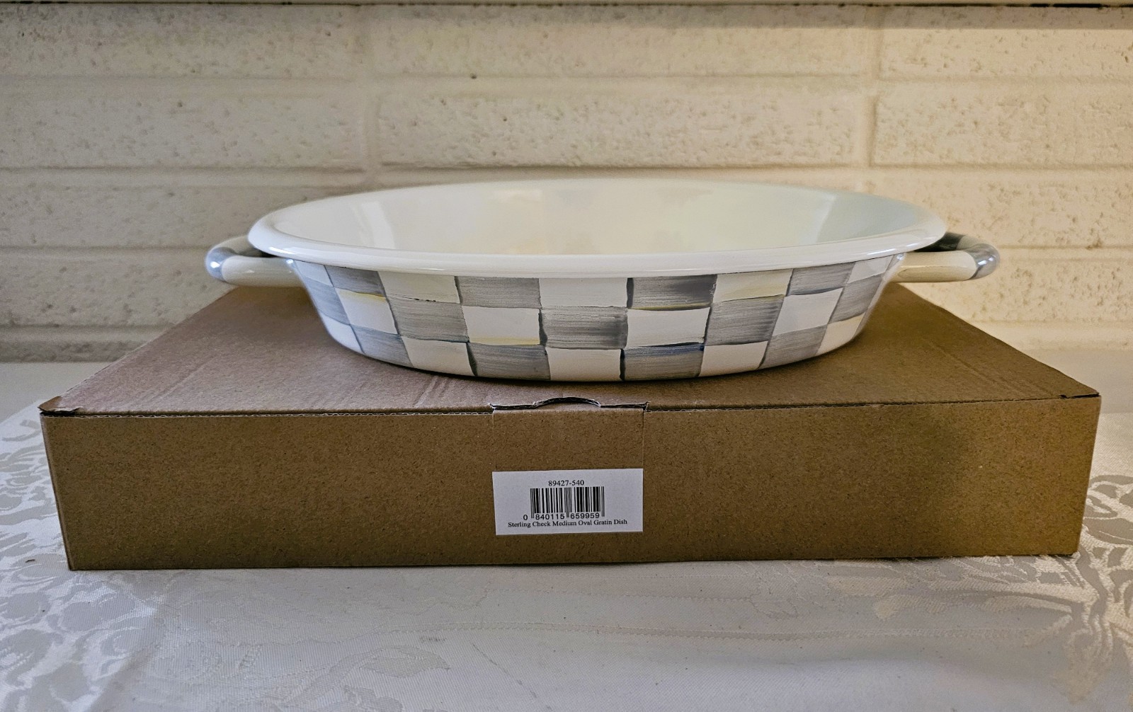 Mackenzie Childs STERLING CHECK ENAMEL MEDIUM OVAL GRATIN DISH Hand-Painted