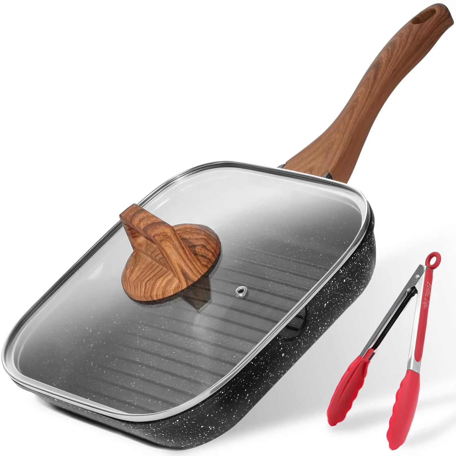 ESLITE LIFE 11 Inch Nonstick Grill Pan for Stove Tops with Lid Induction Square