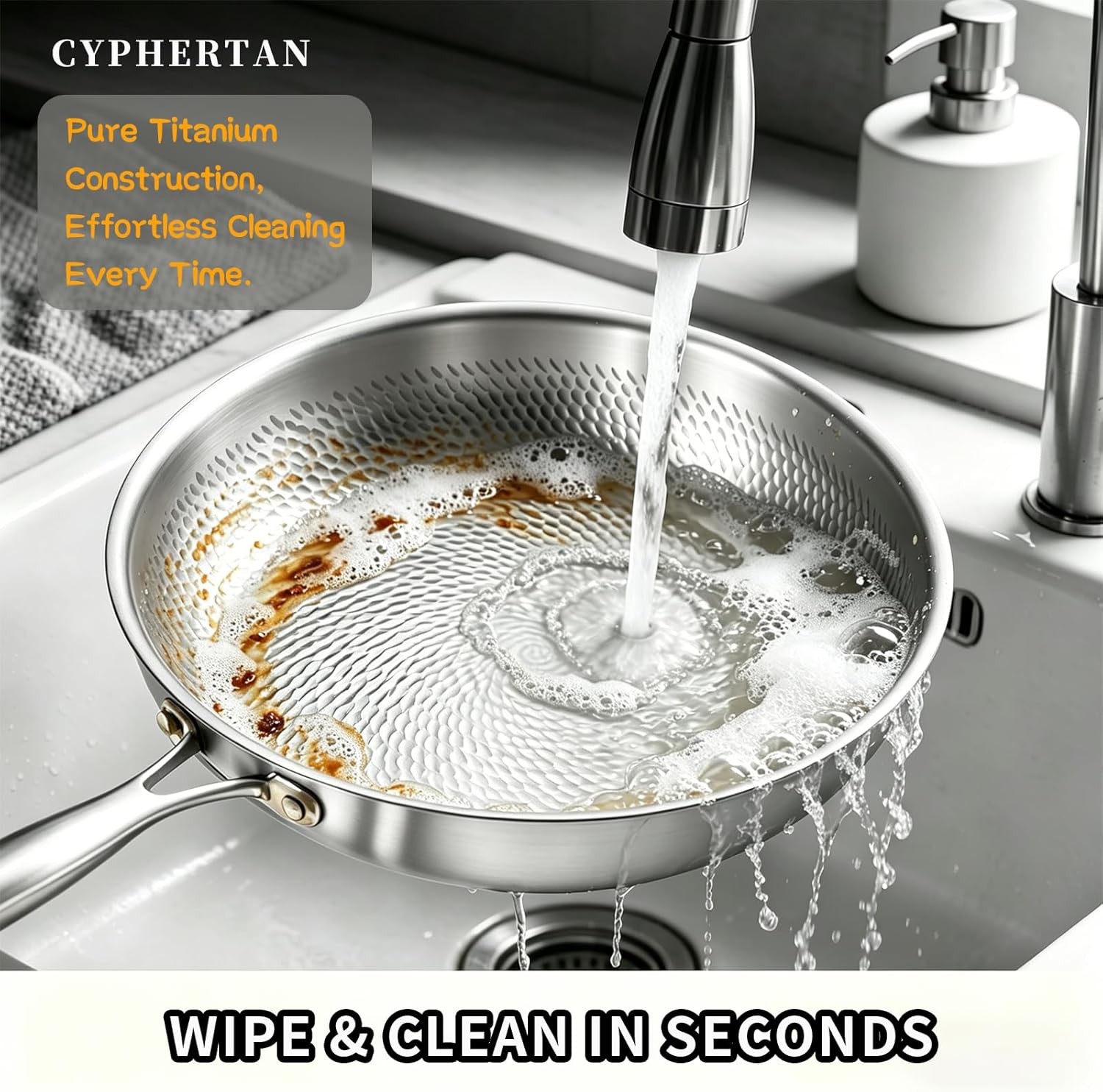 Titanium Frying Pan with Lid, 11″ Uncoated Hammered Skillet, Pfas/Pfoa/Ptfe-Free
