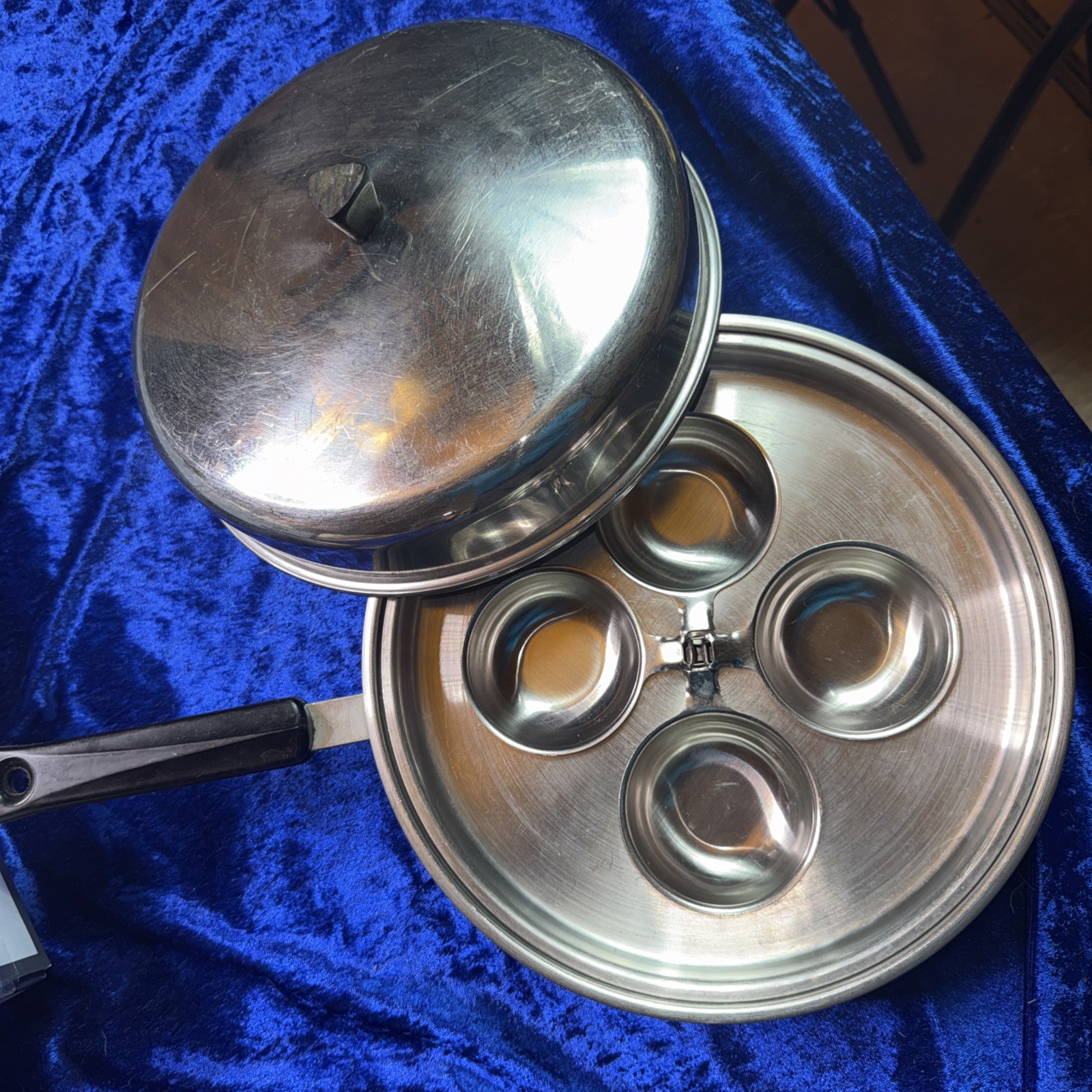 Vtg Carlton Ware R Stainless Steel 4 Cup Egg Poacher 10” Skillet Set with Lid