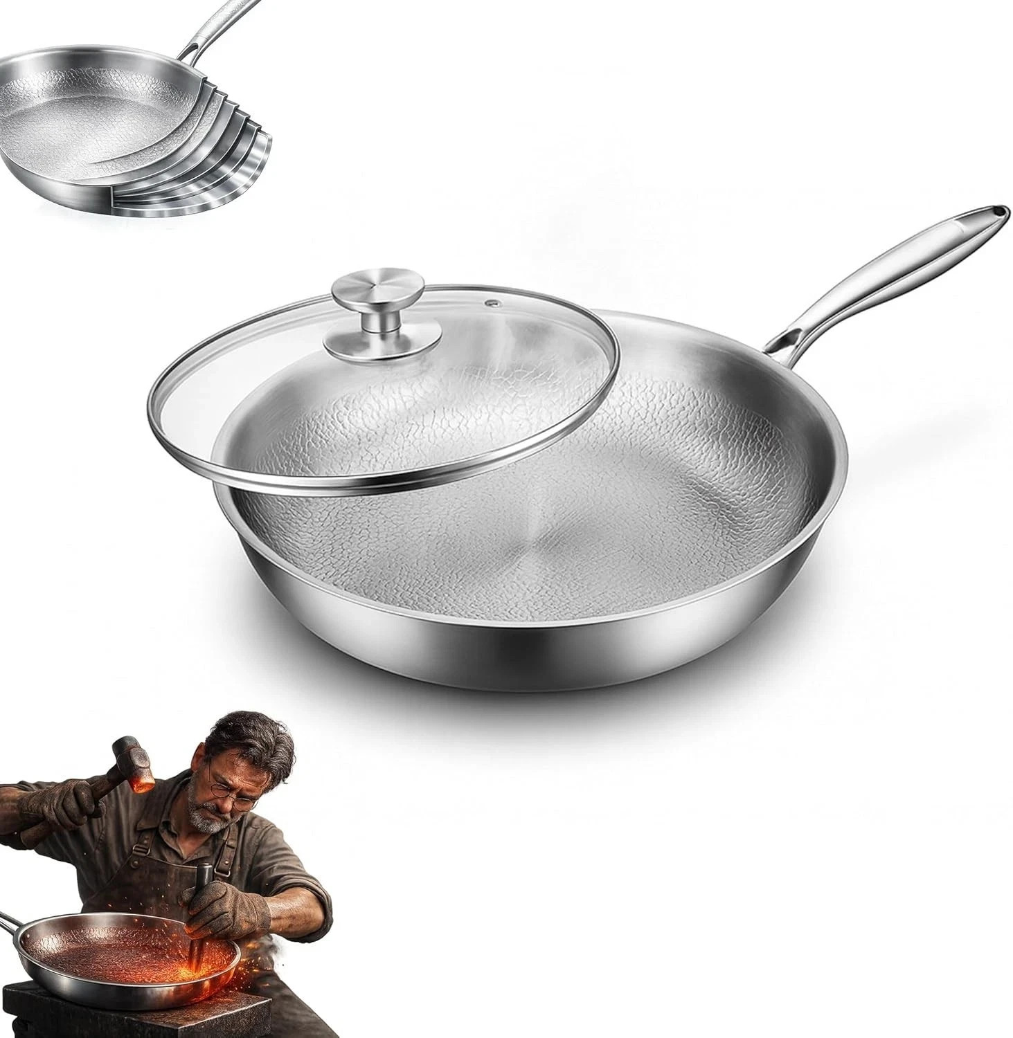 Pure Titanium Hammered Frying Pan with Lid, 12 Inch Skillet, No Coating Cookw…