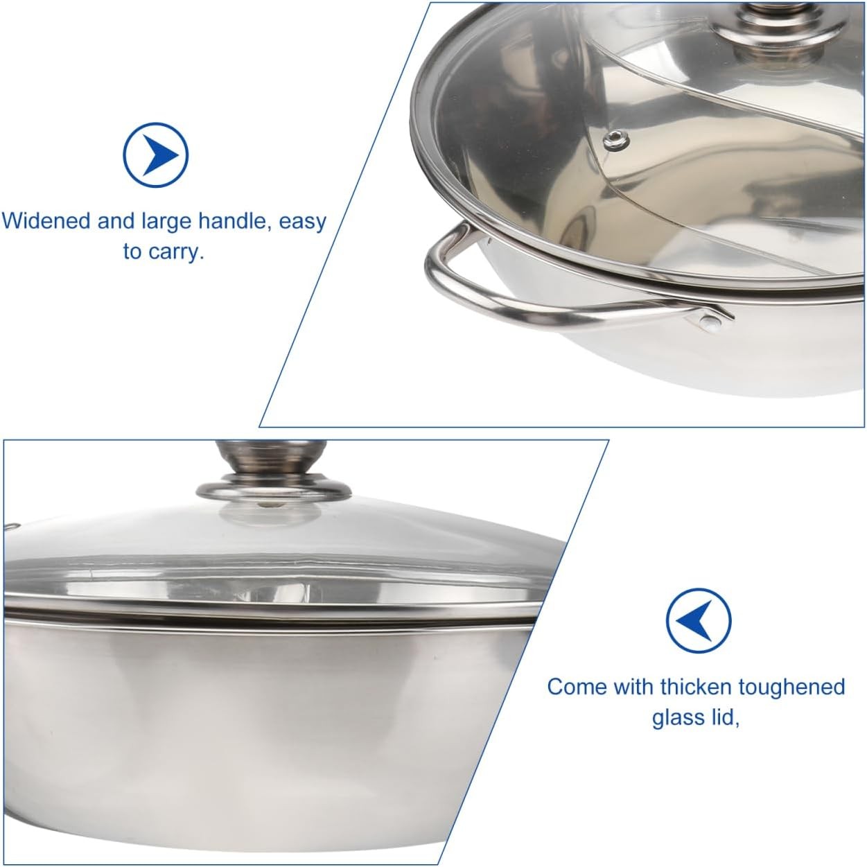 Stainless Steel Split Hot Pot with Lid 12.6 Inch Dual Section Induction Cooker