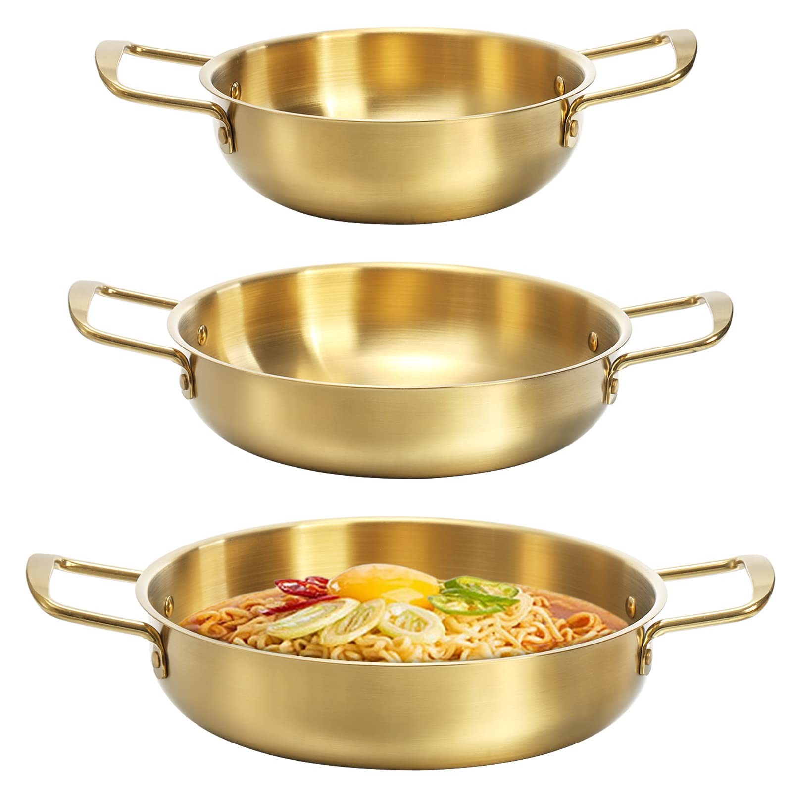 Okllen Set of 3 Korean Ramen Noodle 7″Dx2.4″H, 8.7″Dx2.3″H, 9.5″Dx2.5″H, Gold