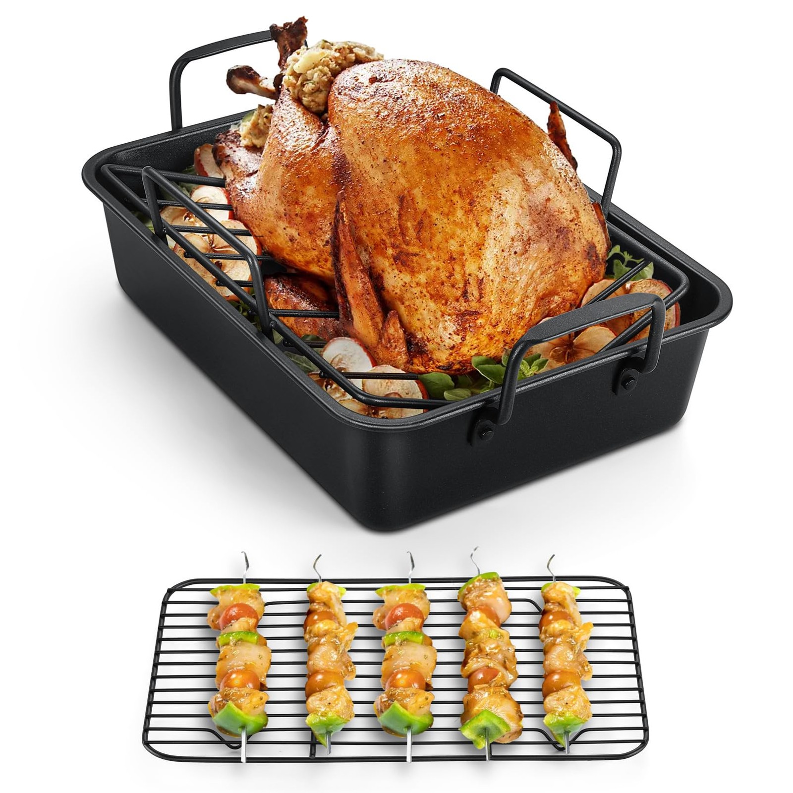 TeamFar Roasting Pan, 14inch Coated Turkey Roaster Lasagna Pan with V-Shaped Rac