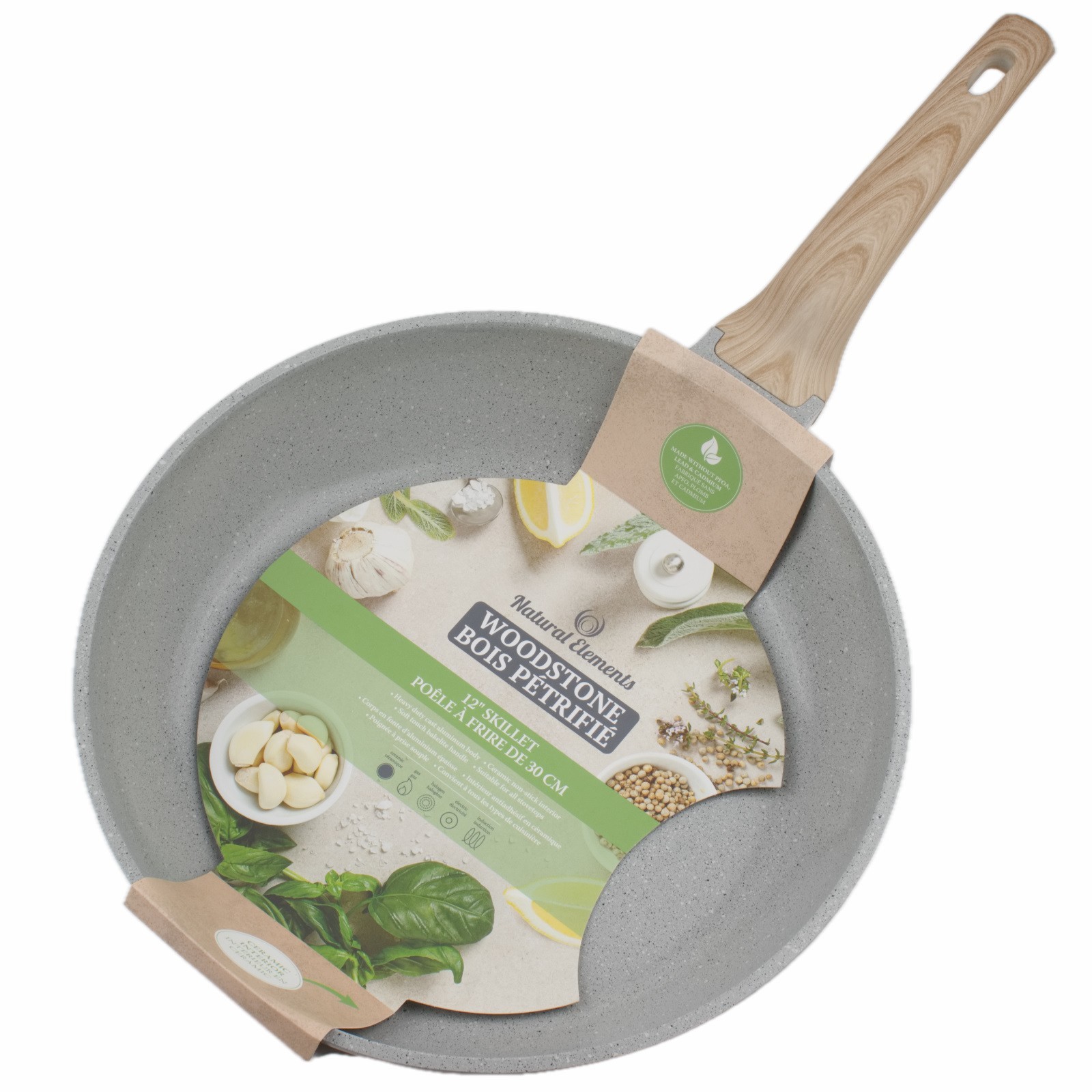 Natural Elements Woodstone 12″ Skillet Non Stick Frying Pan Farmhouse Gray
