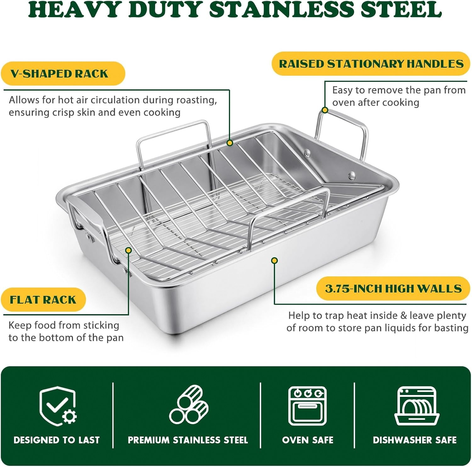 E-far Roasting Pan 16×11.5 Stainless Steel Turkey Roaster Rack