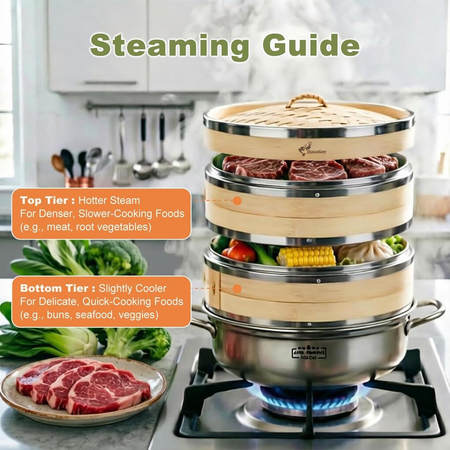 Bamboo Steamer Basket, Stainless Steel Reinforced Rim, 12-Inch 2-Tier Steamer