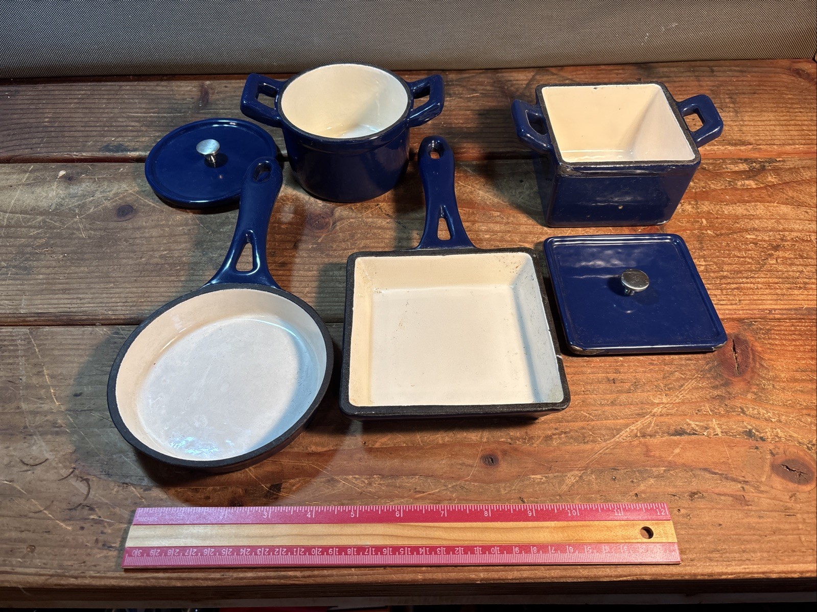 Technique 6 Piece Mini Cobalt Blue Enameled Cast Iron Cooking Pots ~ & RARE