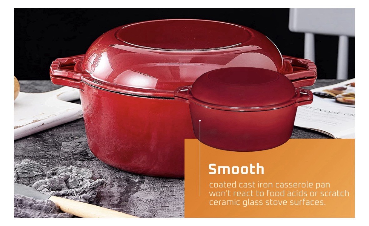 [FREE SHIP] NEW Bruntmor 7QT Dutch Oven 2-in-1 Skillet – Enameled Cast Iron RED