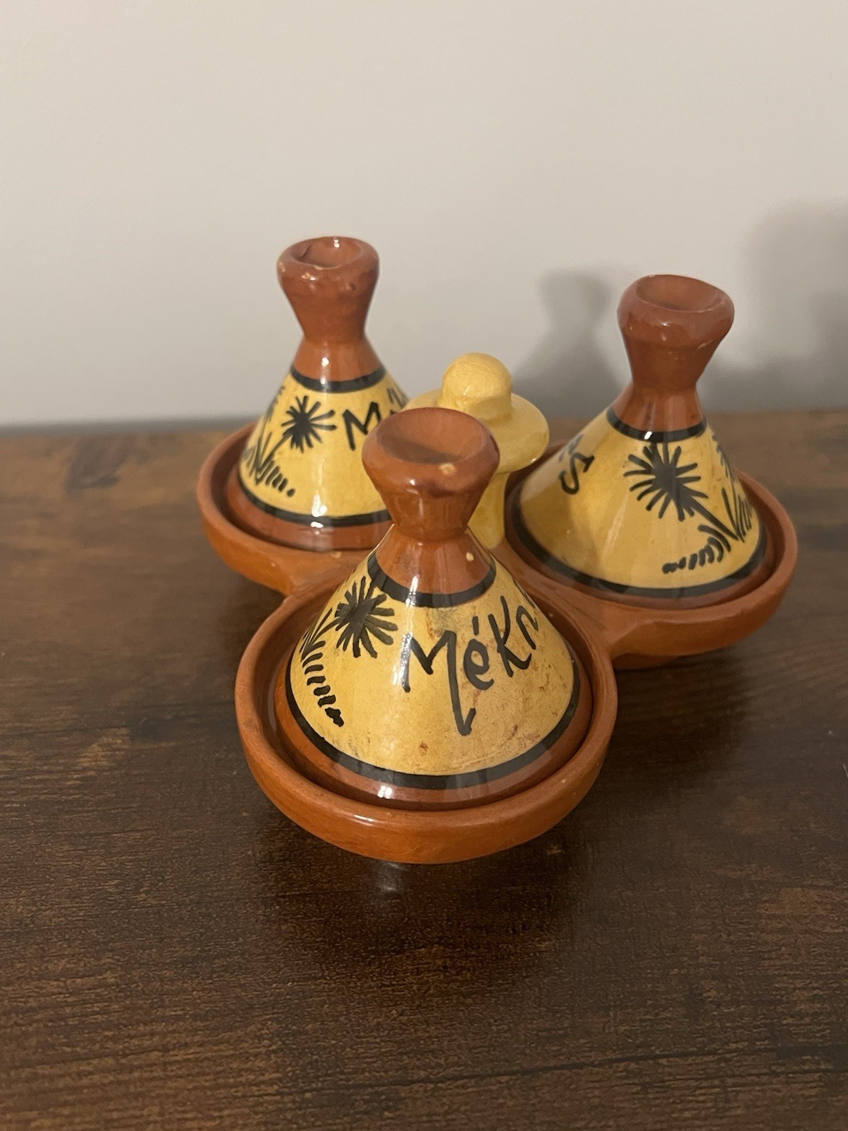 Vintage Pottery Three Spice Holder, Moroccan Tagine Salt Pepper Cumin Curry