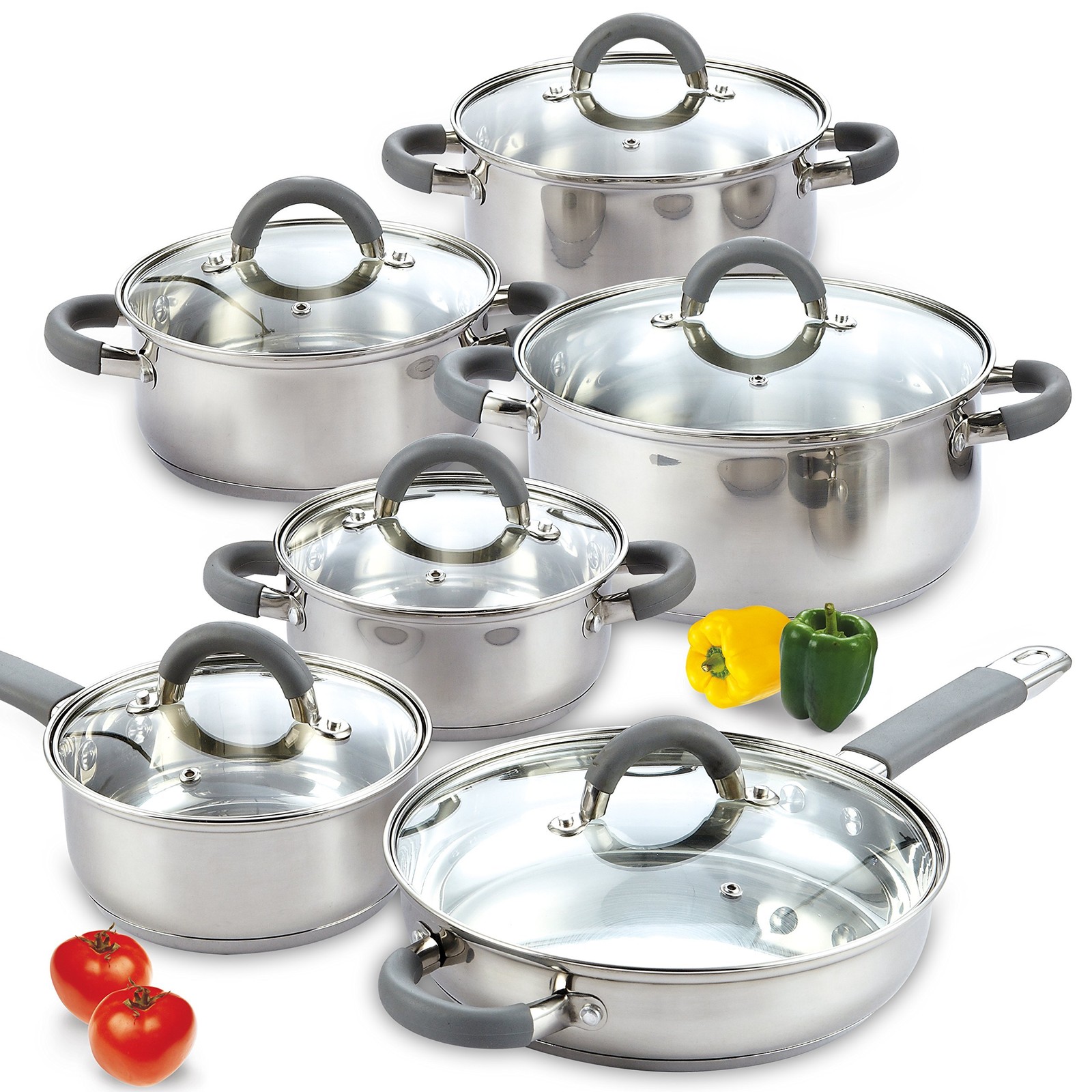 Cook N Home Basics Stainless Steel Cookware 12 Pieces, Gray Silicone Handle