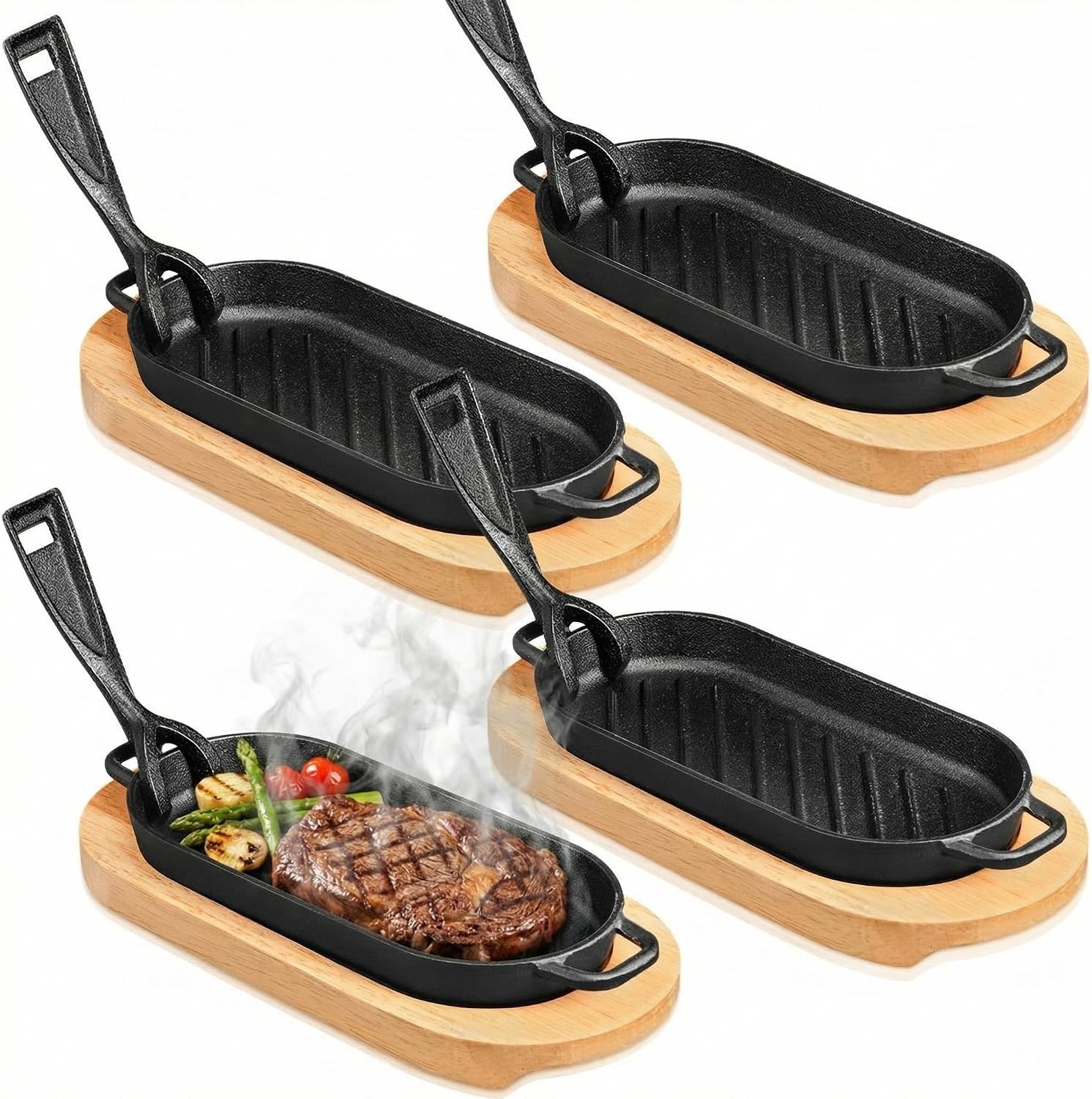 4 Sets Cast Iron Fajita Skillet with Wooden Base, Sizzling Plate Set for Steak,