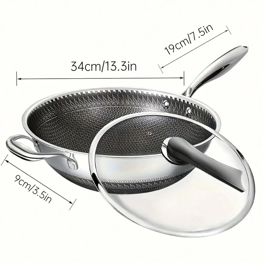 13.3 Inch Stainless Steel Wok Pan with Lid Honeycomb Nonstick Frying Pan