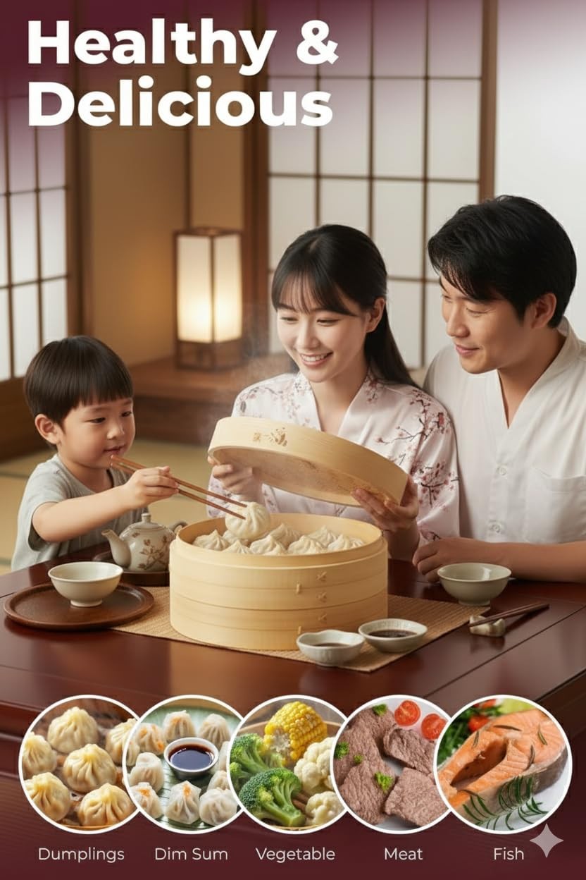 Bamboo Steamer Basket 10Inch | 2Tier Steamer for Cooking | 50 Liners, Chopsti…