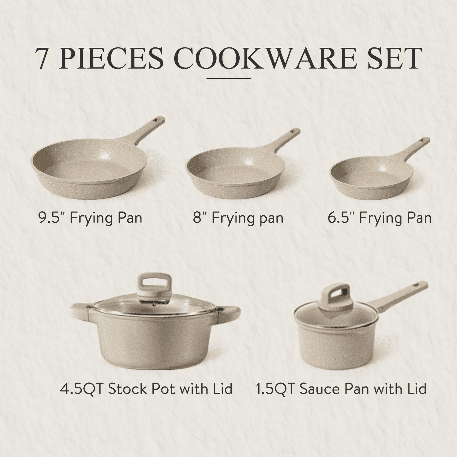 Carote 7-Piece Nonstick Cookware Complete Set, Induction Ready, Taupe Granite