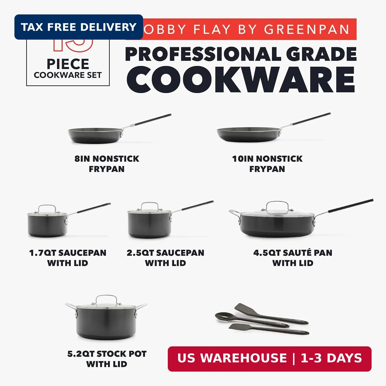 GreenPan x Bobby Flay 13 Piece Nonstick Cookware Pots and Pans Set, PFAS-Free Di
