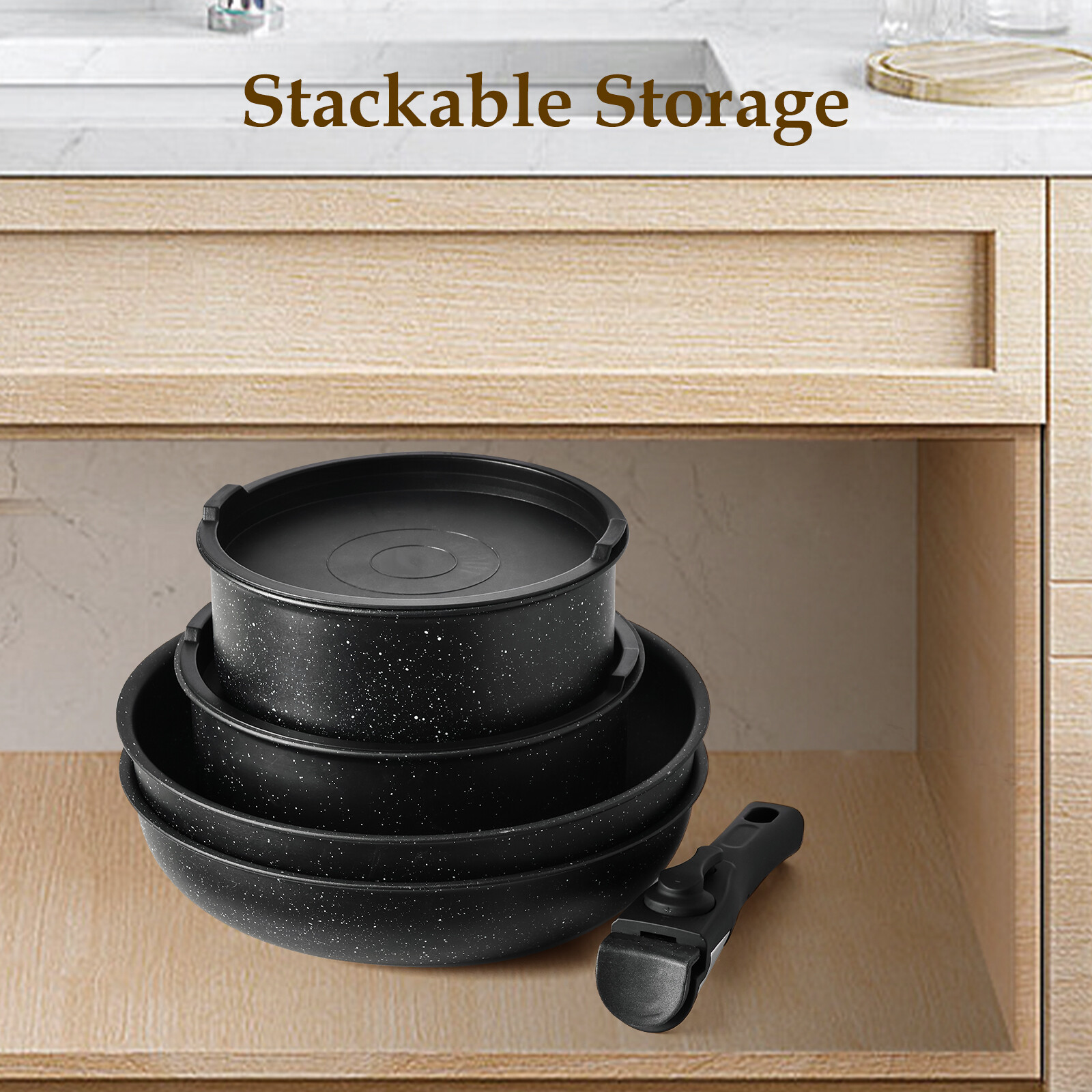 12pcs Non-Stick Cookware Set with Spatula & Detachable Handle, Pots and Pans Set