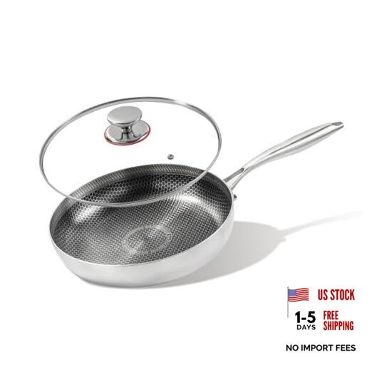 stainless steel frying pan with lid, hybrid non-stick skillet for 11 inch