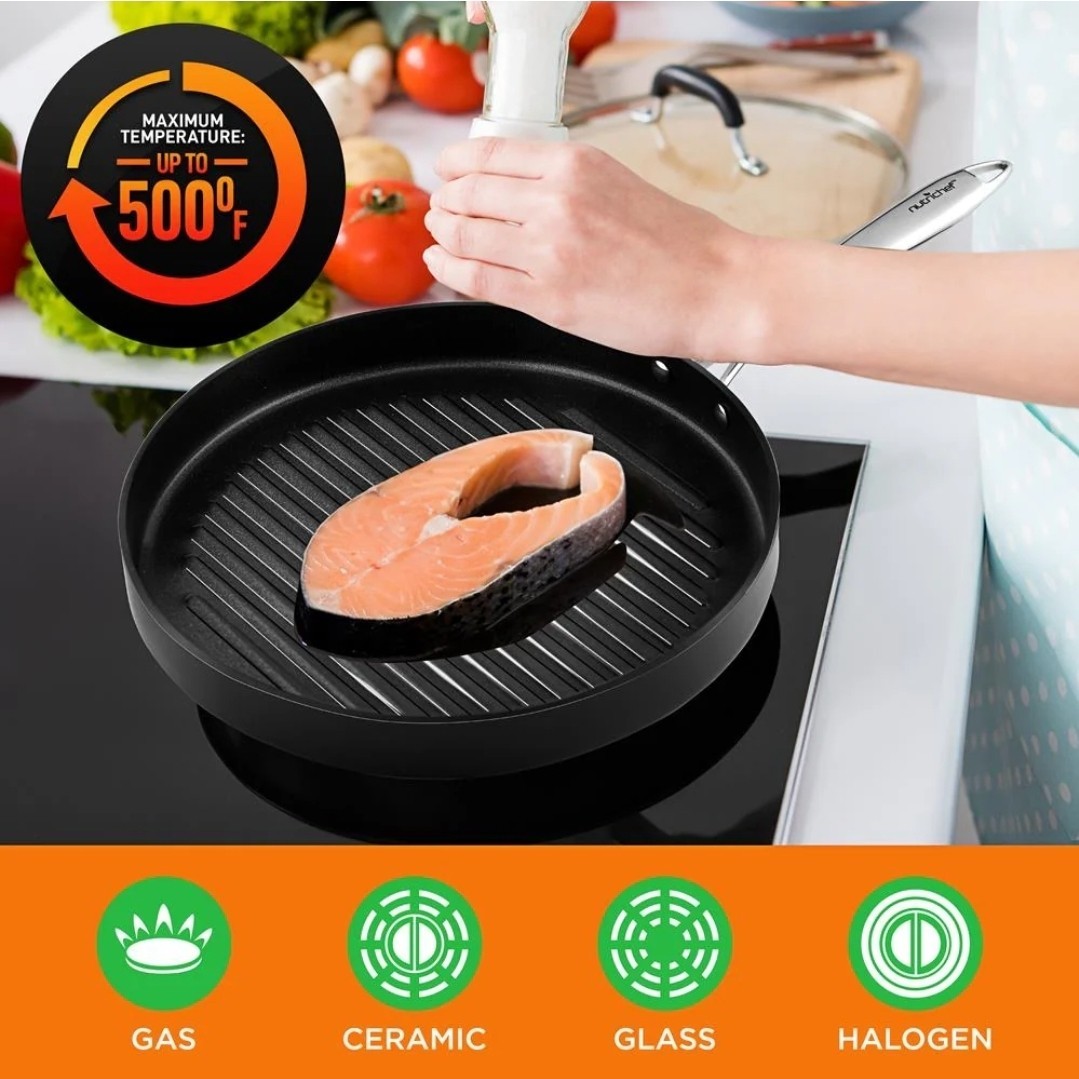 NutriChef 12in Hard-Anodized Nonstick Grill Pan Dishwasher Safe PFOA Free – NEW