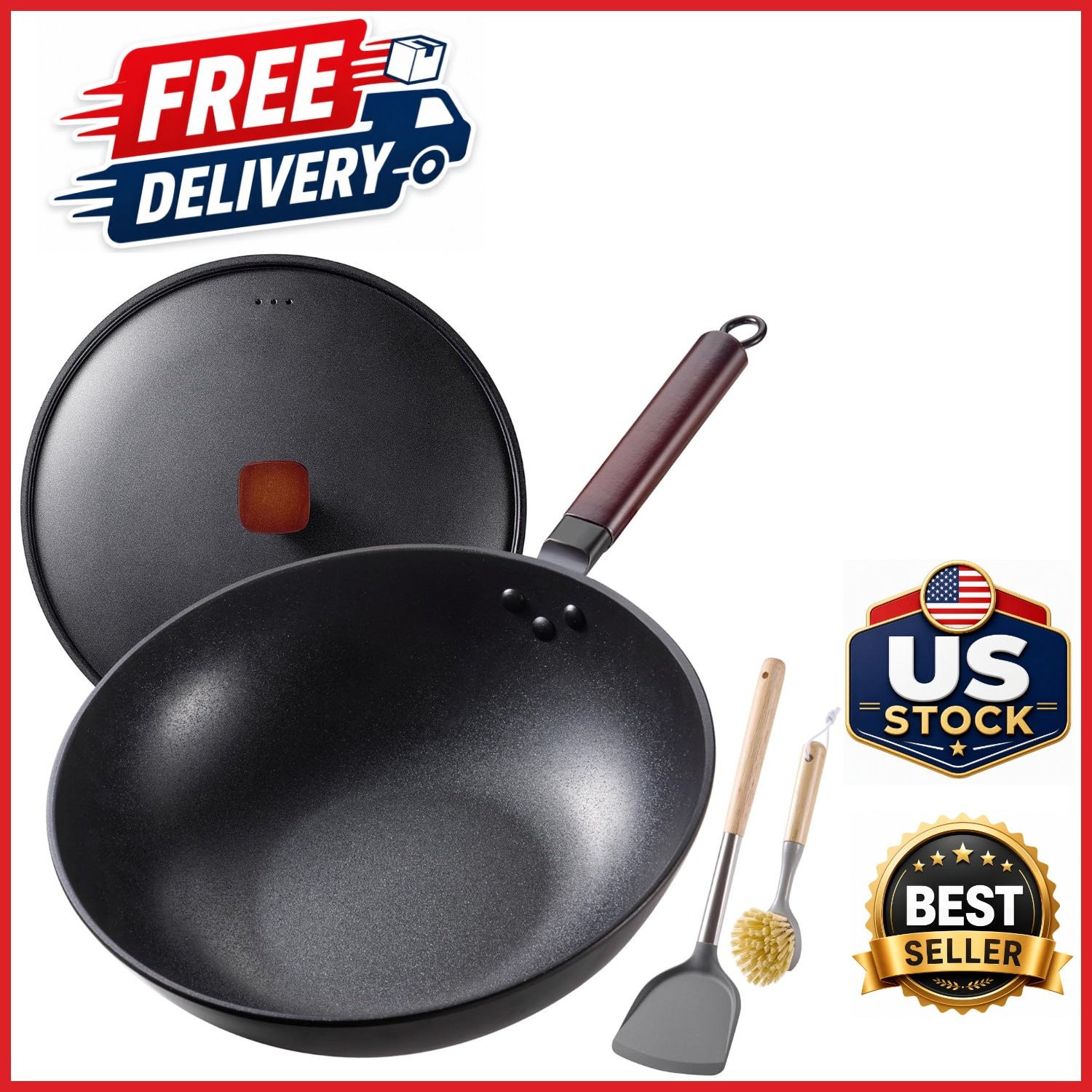 Lightweight 13 Inch Wok with Lid Nonstick Spatula Brush for Induction Gas Stoves