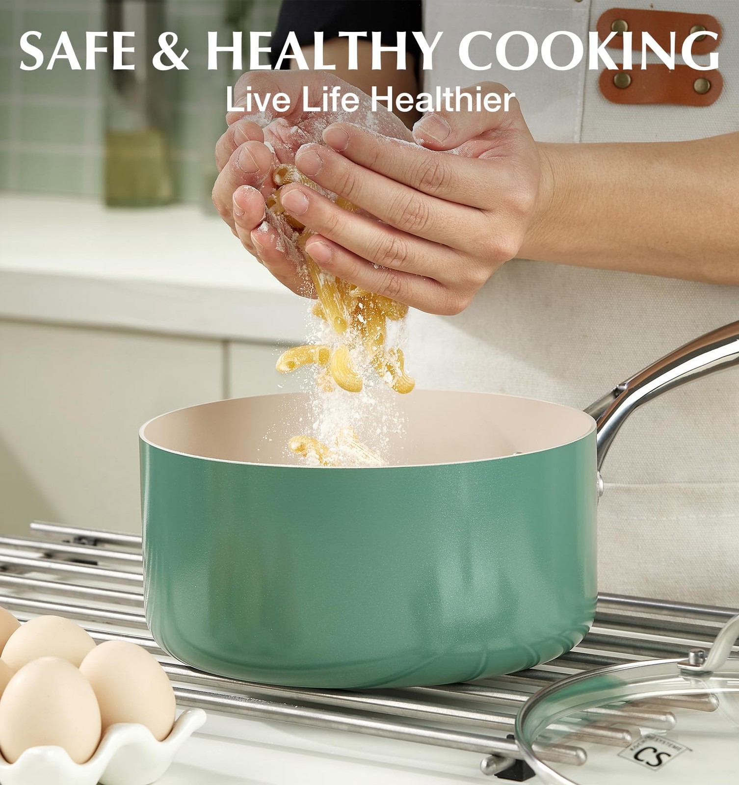Koch Systeme Cs Nonstick Sauce Pan Lid 1Qt 2Qt 3Qt Ceramic Set 6Pcs Non-Toxic
