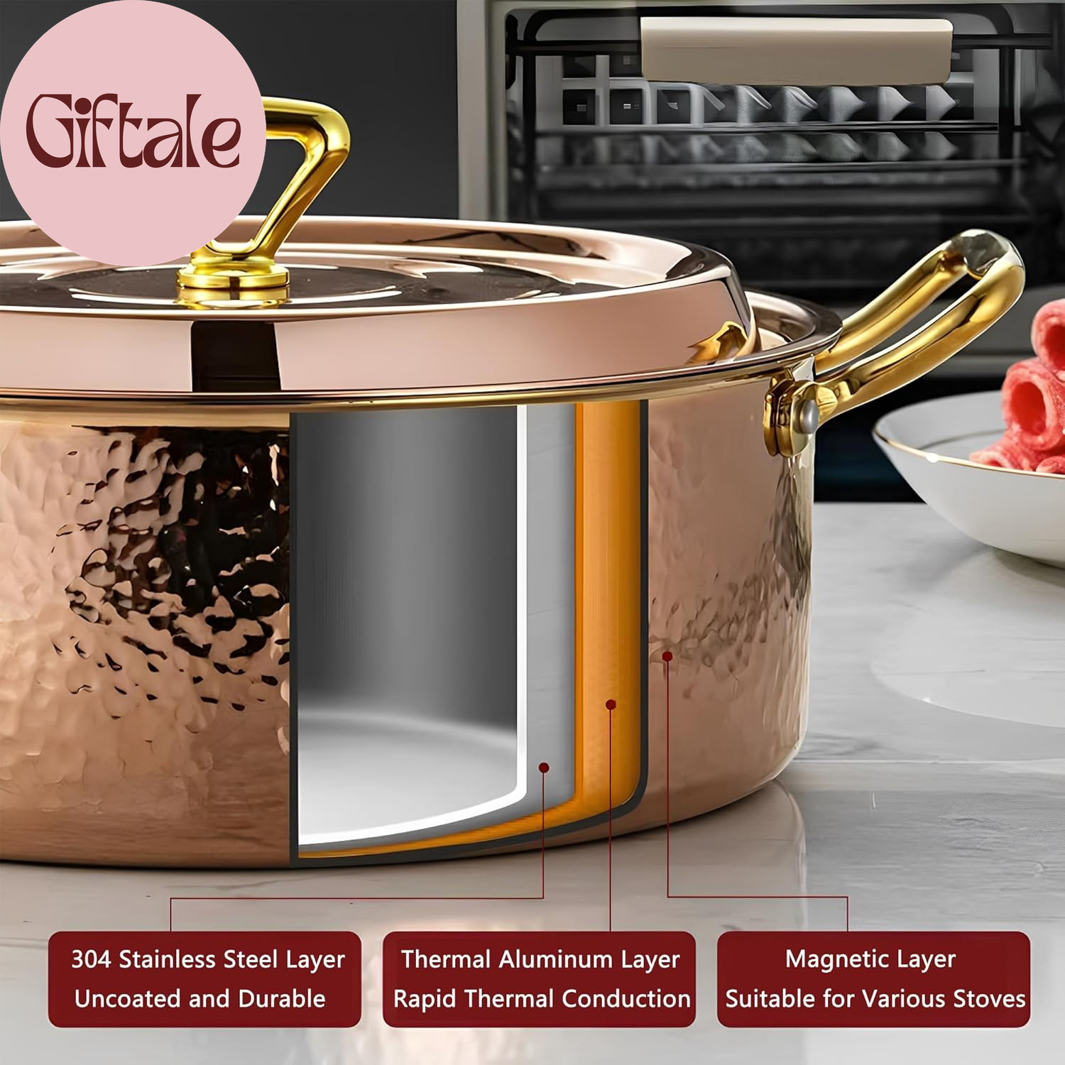 4.2QT Hammered Stock Pot with Lid, Copper Rose Gold, Tri-Ply Stainless Steel, Mu