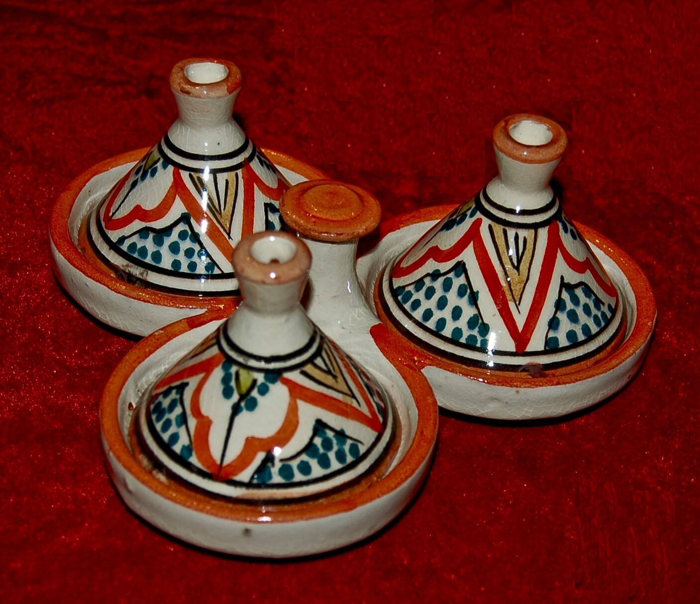 VINTAGE Decorative Miniature TAGINES Folk Art Hand Painted in Safi Morocco 1950s